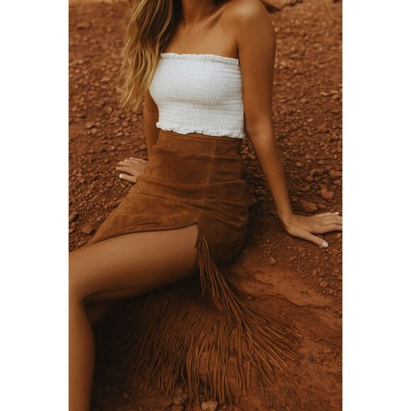 Via Accenti Fringe Tan Suede Leather Brown Midi Skirt 6 - Picture 1 of 10